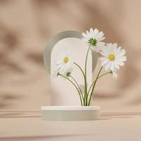 3D render template white podium in square with backdrop, white daisy, and brown background photo