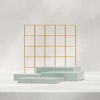 3d rendering mockup template of green podium in square with gold backdrop and sun shadow photo