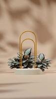 3D rendering mockup white green podium in portrait with gold arch and calathea plant photo