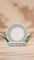 3D render template white green podium in portrait with plants, terrazzo backdrop, brown background photo