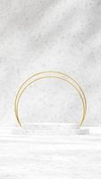 Podium in 3d rendering texture mockup in portrait with white marble wall, gold ring, and shadow photo