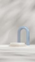 3d render mock up  of white and terrazzo podium in portrait with glass and blue arch backdrop photo