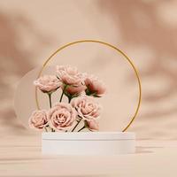 3D rendering template empty space podium in square with pink red rose, light brown background photo