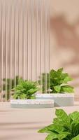 Podio de terrazo de plantilla de renderizado 3d para maqueta en retrato con árbol de hoja perenne chino y bloque de vidrio foto