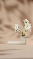 3D render template white podium in portrait with green vase, white daisy, and tan background photo