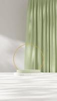 3d render template mock up of green and terrazzo podium in portrait with gold ring and curtain photo
