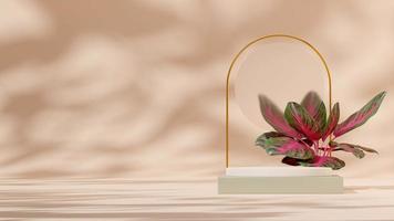 3D render white green podium mockup in landscape with chinese evergreen, blur glass and gold ring photo