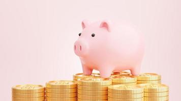 3d render of pink piggy bank with gold coins stacking for saving money concept photo