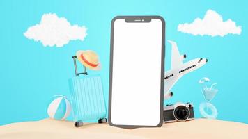 3d render of realistic smartphone on sand beach for promotion summer photo