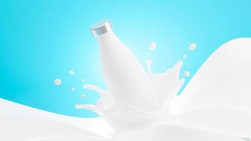 Render 3d de botella de leche con splash foto