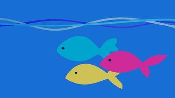 Three fish of different colors, swim underwater in 3d space, blue background.