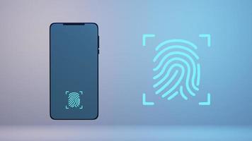 Smartphone with fingerprint scanner in 3D space. Concept of digital security. photo