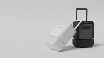 Two tourist suitcases on wheels stand together on white background. White rests on black. 3D rendering. photo