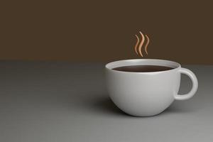 Cup of aromatic coffee is on table in 3D space. There is empty space for insertion nearby. photo