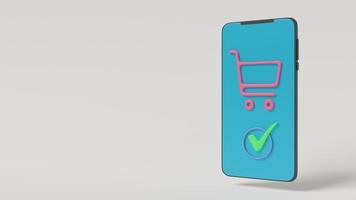 Smartphone, on screen of which there is shopping cart and green check mark confirming purchase. 3D Rendering. photo