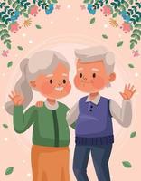 old lovers couple and flowers vector