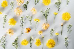 chrysanthemum and cutter flowers composition. Pattern and Frame made of various yellow or orange flowers and green leaves on white background. Flat lay, top view, copy space, spring, summer concept. photo