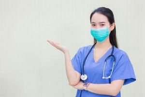 Asian woman wears medical Blue clothing and medical face mask to protect Coronavirus disease 2019 Covid 19 outbreak while shows her hand to suggest something on white background. photo