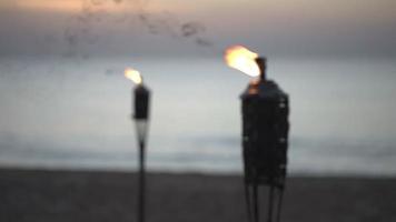 primo piano luce a gas torcia di bambù che brucia spiaggia decorativa durante il tramonto. video