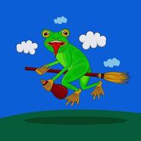 lindo personaje, la rana está montando un palo de escoba, adecuado para libros infantiles, ropa, íconos, etc. vector