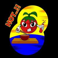 cute character , vector tomato eating noodles, suitable for banners, children's books, clothing and etc..