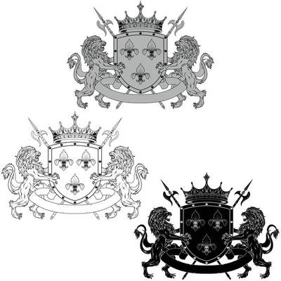 Crowned heraldic shield with three silver fleur-de-lys, flanked by two rampant lions and halberds