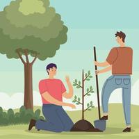male ecologists planting tree vector