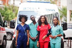 Group of african paramedic ambulance emergency crew doctors. photo