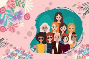 grupo de mujeres en marco floral vector