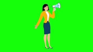 la donna parla con lo schermo verde di animazione 2d del megafono