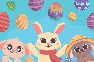 easter bunnies with eggs vector