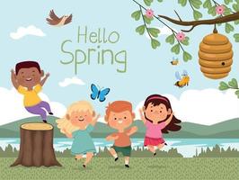 hola primavera y niños vector