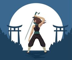 ninja warrior with sword night vector