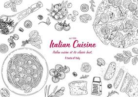 marco de vista superior de la cocina italiana. imagen grabada. vector