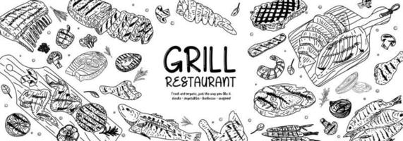 Grilled meat and vegetables. Top view design. vector