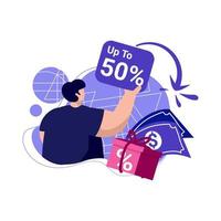 cashback business model icon flat Illustration for up to get vouchers discounts, reward program color blue, pink, perfect for ui ux design, ecommerce, shopping sale, advertising, marketplace vector