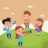 kids with toys in landscape vector