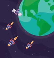 earth planet and rockets vector