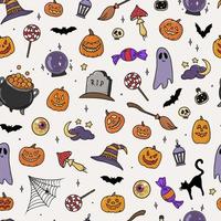 Cute seamless Halloween pattern with doodles for holiday decor. Wrapping paper, textile and fabric print, wallpaper, scrapbooking, packaging, etc. EPS 10 vector