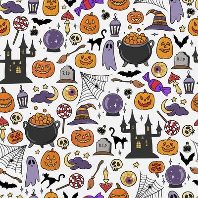 cute seamless pattern with Halloween doodles on white background. Good for festive wrapping paper, scrapbooking, textile prints, wallpaper, stationary, etc. EPS 10