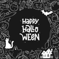 feliz cita de letras de mano de halloween decorada con marco de garabatos sobre fondo negro. bueno para tarjetas, carteles, invitaciones, impresiones, plantillas con espacio de copia, etc. eps 10 vector