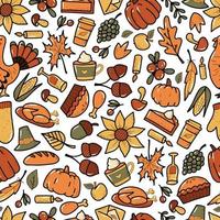 Thanksgiving seamless pattern with hand drawn doodles for wrapping paper, textile prints, scrapbooking, digital paper, sublimation, backgrounds, etc. Autumn, harvest, thanksgiving theme. EPS 10 vector