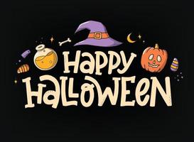 feliz cita de letras de mano de halloween decorada con garabatos sobre fondo negro. bueno para tarjetas de felicitación, carteles, impresiones, pancartas, invitaciones, ventas, etc. eps 10 vector