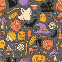 Halloween seamless pattern with doodles on grey background. Good for wrapping paper, textile prints, apparel, scrapbooking, digital paper, stationary, wallpaper, etc. EPS 10