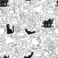 Halloween seamless pattern with sketched doodles on white background. Good for coloring pages, wrapping paper, wallpaper, textile prints, scrapbooking, etc. EPS 10 vector