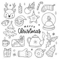 set of hand drawn monochrome Christmas doodles isolated on white background for coloring pages, prints, cards, labels, stickers, tags, icons, etc. EPS 10