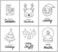 set of christmas greeting cards, posters, prints, invitations, stickers, nursery room decor, etc. Hand drawin cartoon doodles with letteting quotes. EPS 10 vector