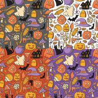 Set of 4 isolated Halloween seamless patterns with doodles. Good for wrapping paper, kids apparel, textile prints, scrapbooking, digital paper, wallpaper, stationary, etc. EPS 10 vector