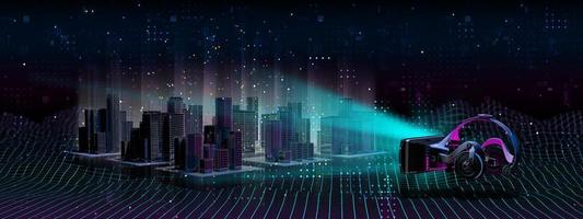 gafas de realidad virtual futuristas que proyectan un holograma de una ciudad moderna sobre el ciberespacio. ilustración 3d