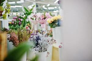 Different flowers on pots at flower store. photo